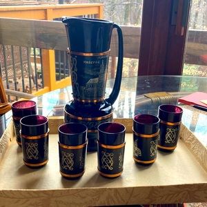 Polish Decanter and glasses with Krakow and Scenes of Krakow on Decanter